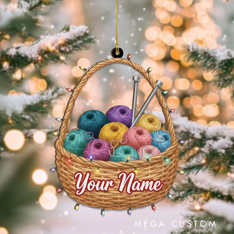 Personalized Yarn Basket Ornament Custom Name Knitting Crochet Christmas Gift Knitter Seamstress Crafter Keepsake