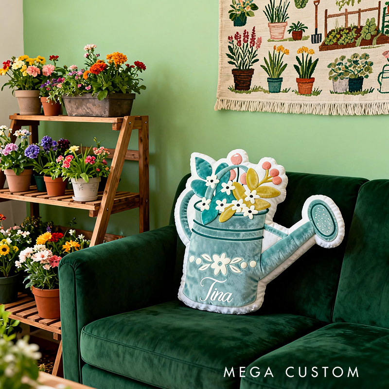 Personalized Watering Can Pillow Graphic 3D Print Blue Floral Watering Can and Custom Name Pillow for Gardening Lovers