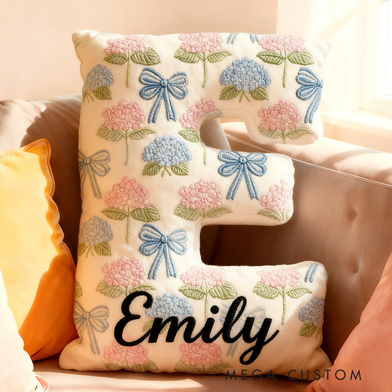 Personalized Hydrangea Letter Letter Pillow Graphic 3D Print Bow and Hydrangea Custom Name Pillow for Gardening Lovers