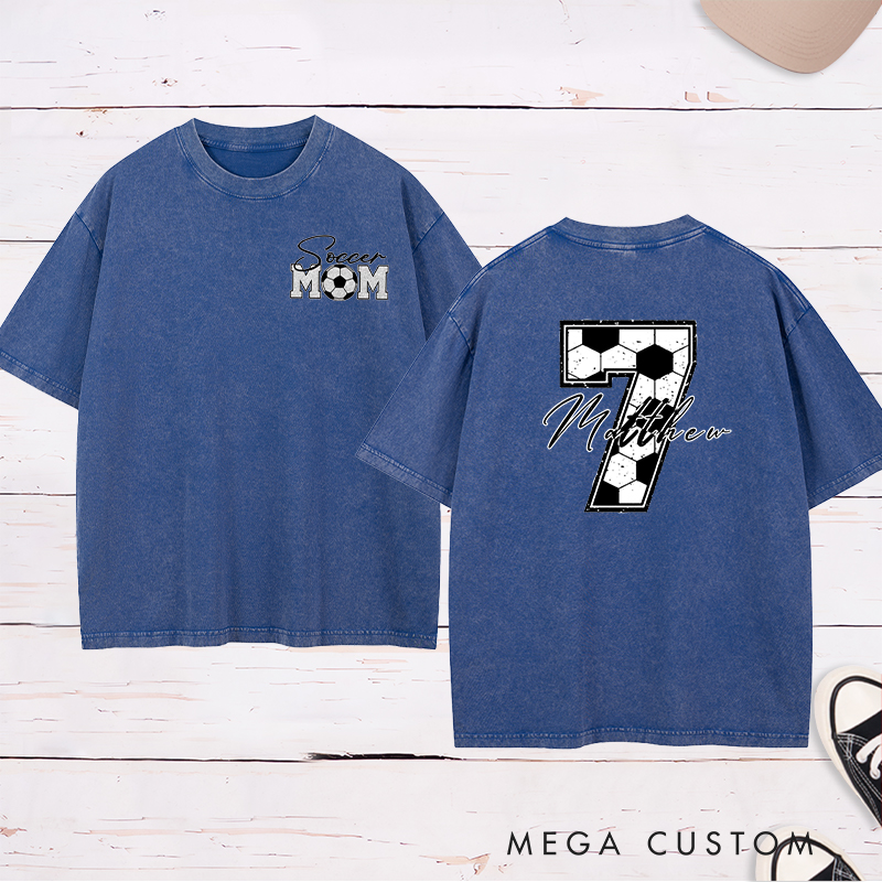 Personalized Soccer Mom Washed T-Shirt with Custom Name and Number Design