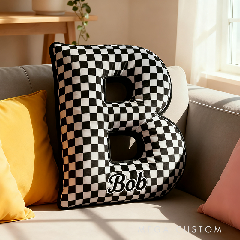 Personalized Checkered Flag Racing Letter Pillow with Custom Name 3D Graphic Print Cushion Gifts