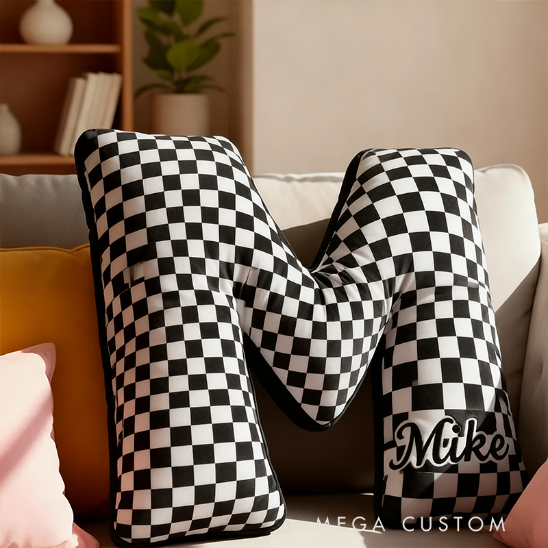 Personalized Checkered Flag Racing Letter Pillow with Custom Name 3D Graphic Print Cushion Gifts