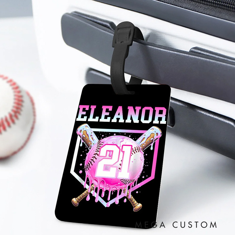 Personalized Ice Cream Dripping Baseball Luggage Tag with Name and Number Travel Accessories Team Gift for Baseball Players Lovers