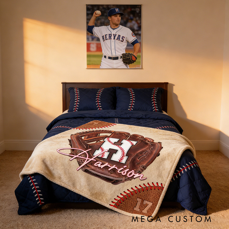 Personalized Baseball Lover’s Throw Blanket with Baseball Glove Design with Initials Name and Number Gift for Baseball Enthusiasts