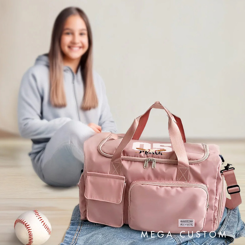 Personalized Ball Sports Name Number Large Travel Bag with Multiple Compartments and Shoulder Straps Birthday Back to School Gift for Sport Lover