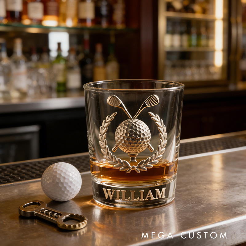 Personalized Golf Whiskey Glass 2D Metallic Style Print with Custom Name for Golf Lovers