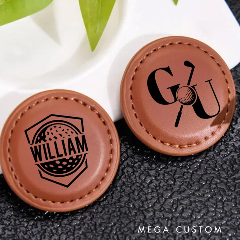 Personalized Golf Silhouette Monogram PU Leather Magnetic Golf Ball Marker with Initial and Name Birthday Father's Day Gift for Golf Lovers