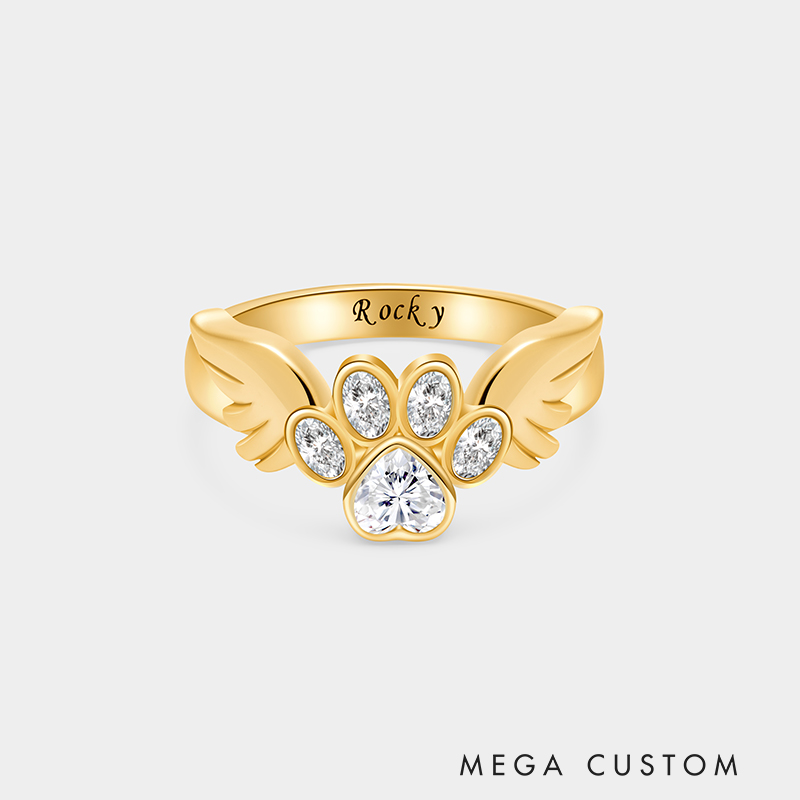 Personalized Sterling Silver Angel Dog Ring with Custom Name and Birthstone