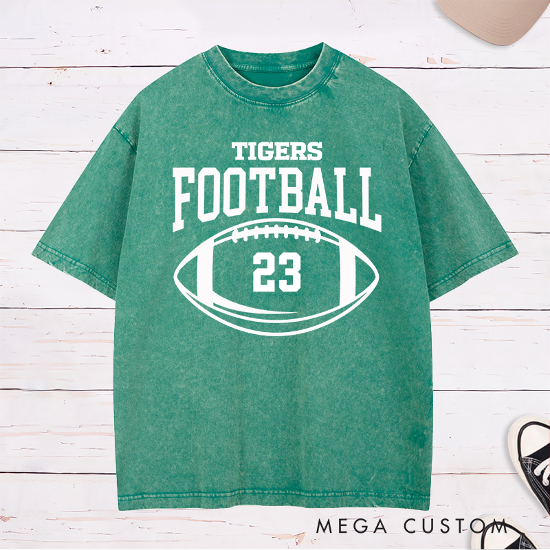 Personalized American Football and Rugby Washed T-Shirt with Custom Team Name and Number