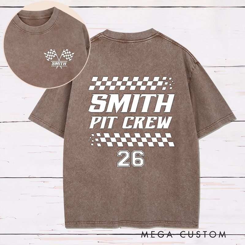 Personalized Racing Pit Crew Washed T‑Shirt Custom Name and Number Retro Vintage Racing Tee Car Lover Gift Matching Team Shirt