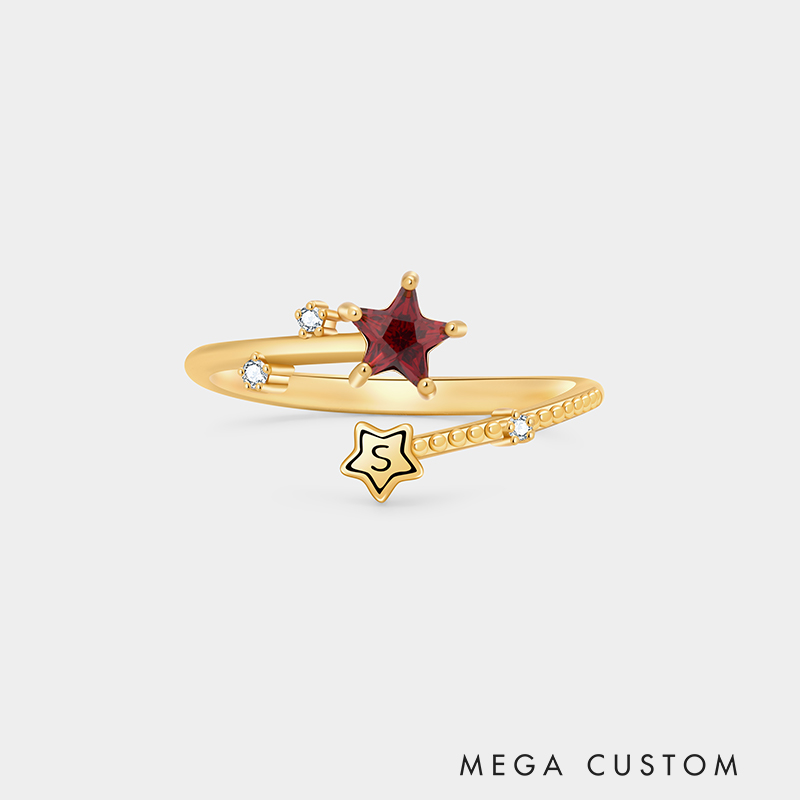 Personalized Sterling Silver Radiant Starry Night Open Band Initial and Birthstone Color Ring