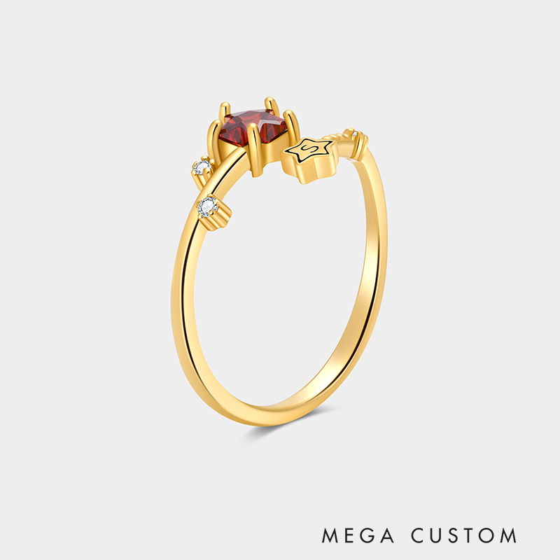 Personalized Sterling Silver Radiant Starry Night Open Band Initial and Birthstone Color Ring