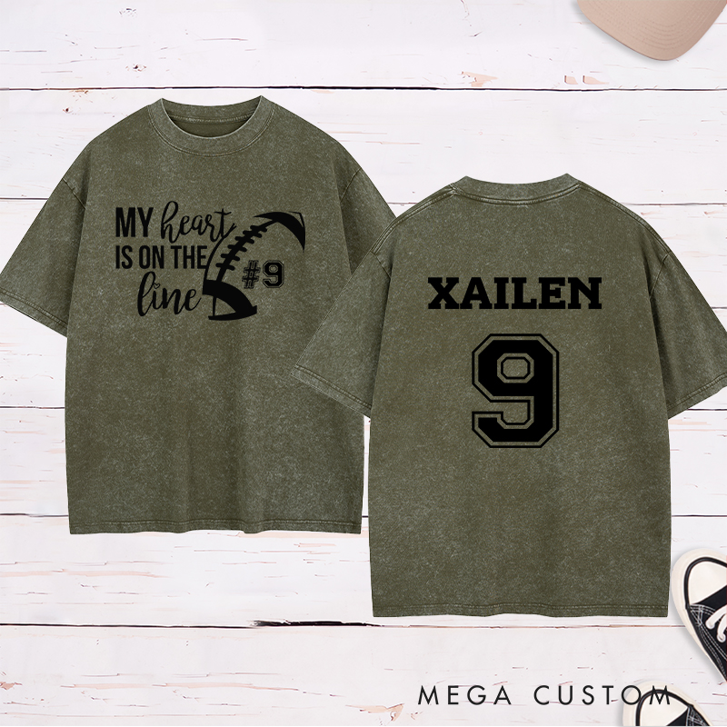Personalized American Football and Rugby Washed T-Shirts for "My Heart On The Line" with Custom Name and Number Jersey