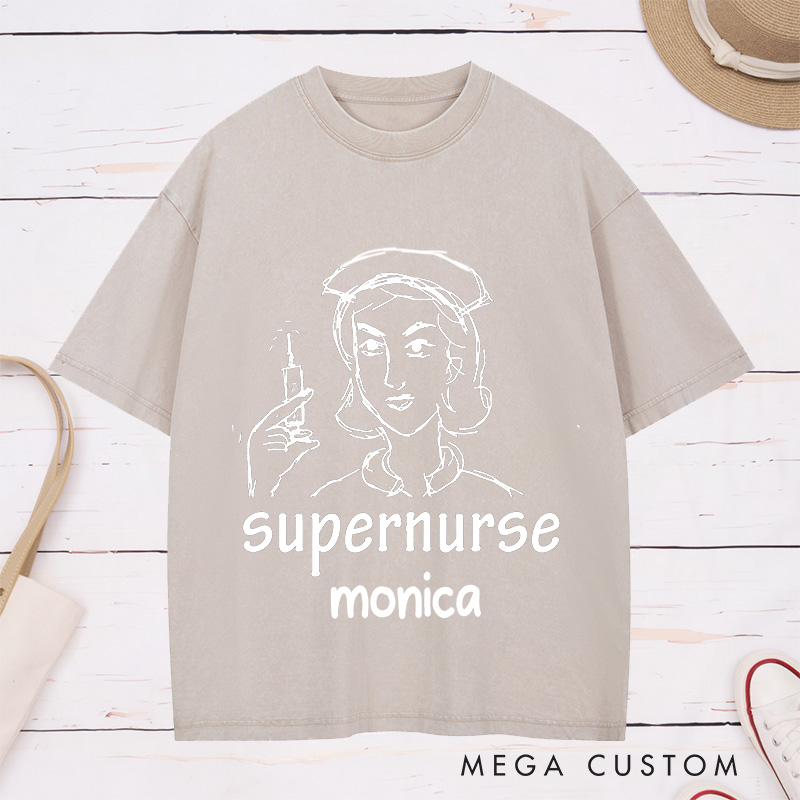 Personalized Nurse Washed T-Shirt Customized Supernurse Design Washed T-Shirt 