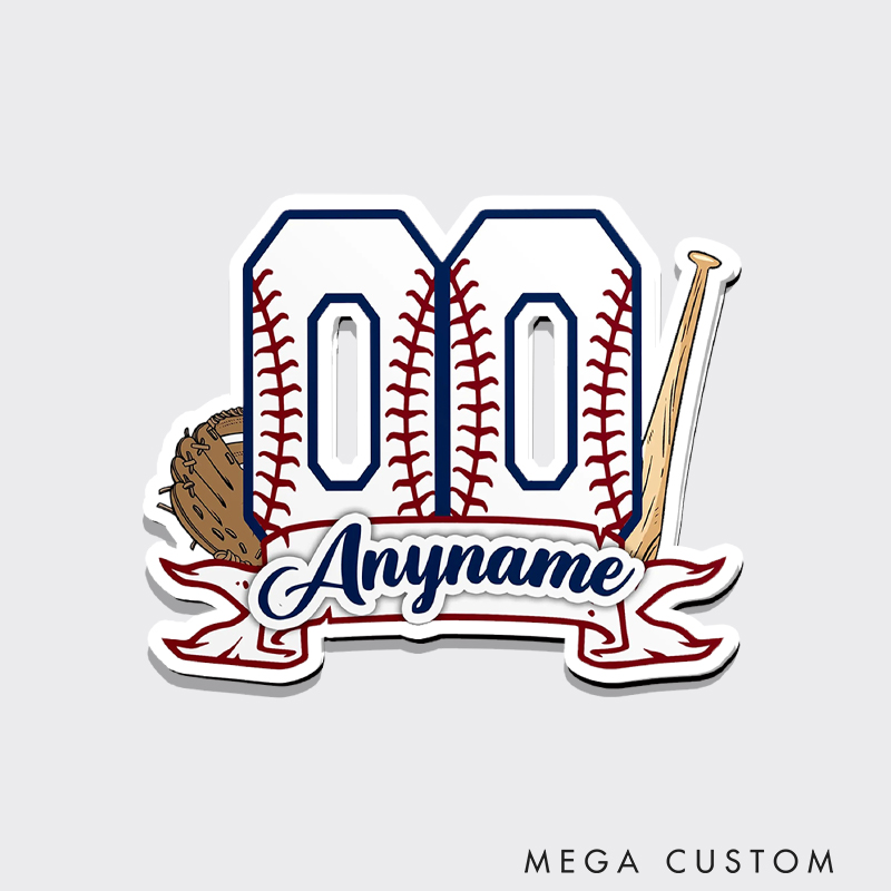 Personalized Baseball Graphic Fridge Magnet with Bold Number and Bat, Glove Graphics 