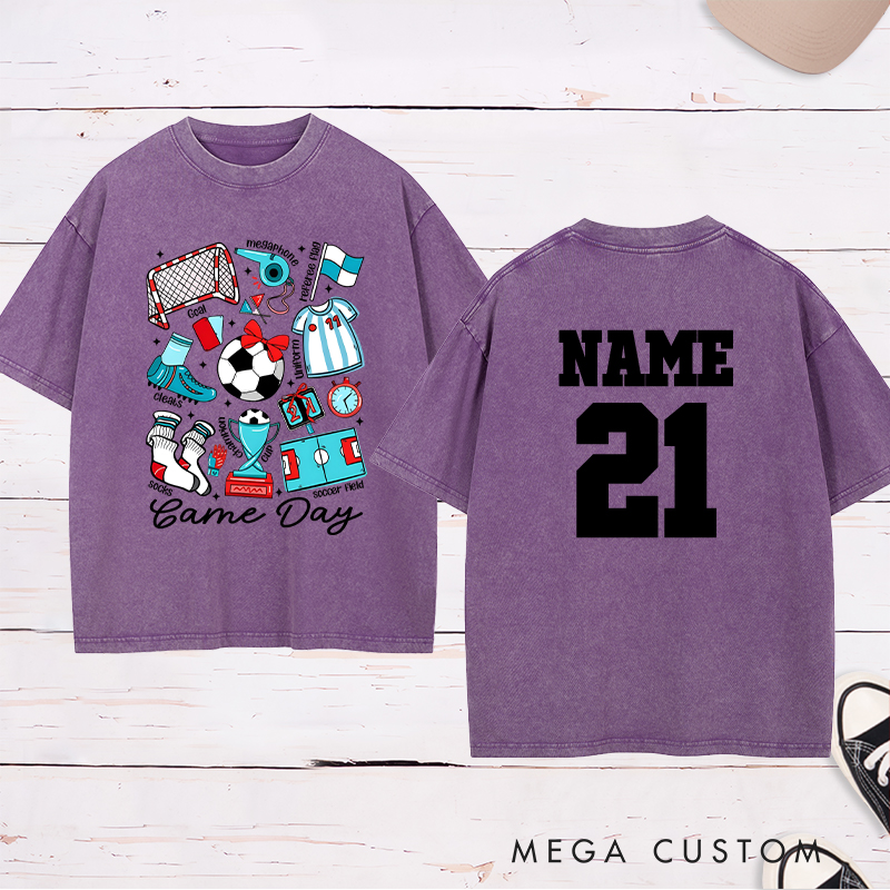 Personalized Game Day Soccer Washed T-Shirt with Fun Illustrated Graphics and Custom Name and Number