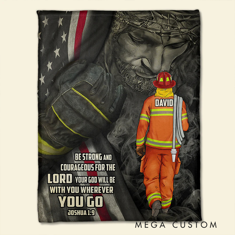 Personalized Firefighter Blanket Jesus and American Flag Blanket Gift for Fireman
