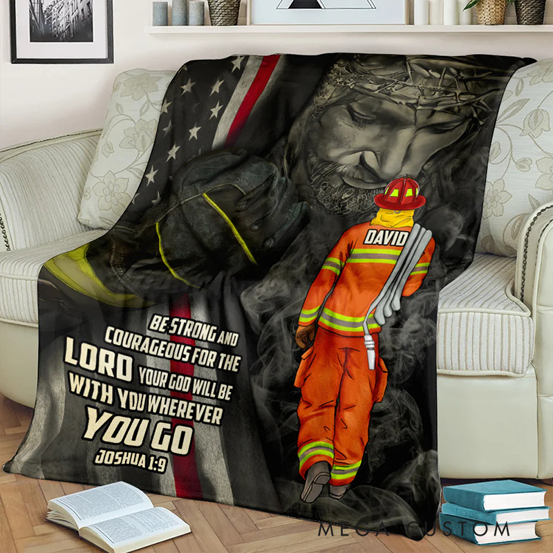 Personalized Firefighter Blanket Jesus and American Flag Blanket Gift for Fireman