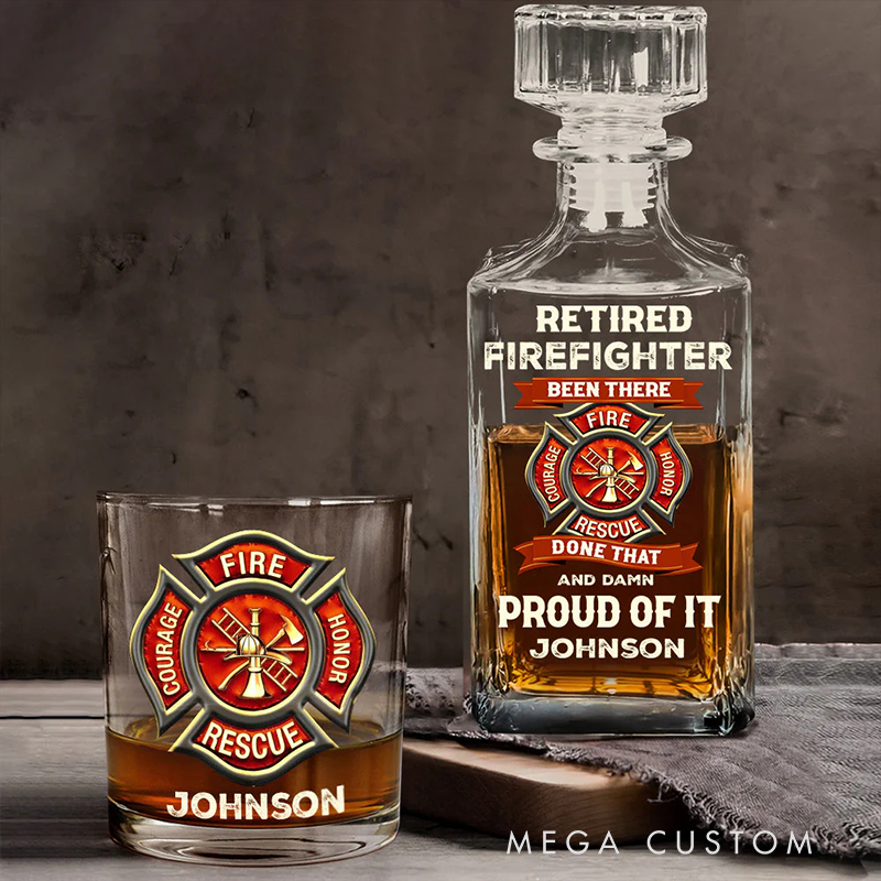 Personalized Firefighter Whiskey Decanter Set Retired Firefighter Custom Name Decanter Set Gift for Retired Firefighters