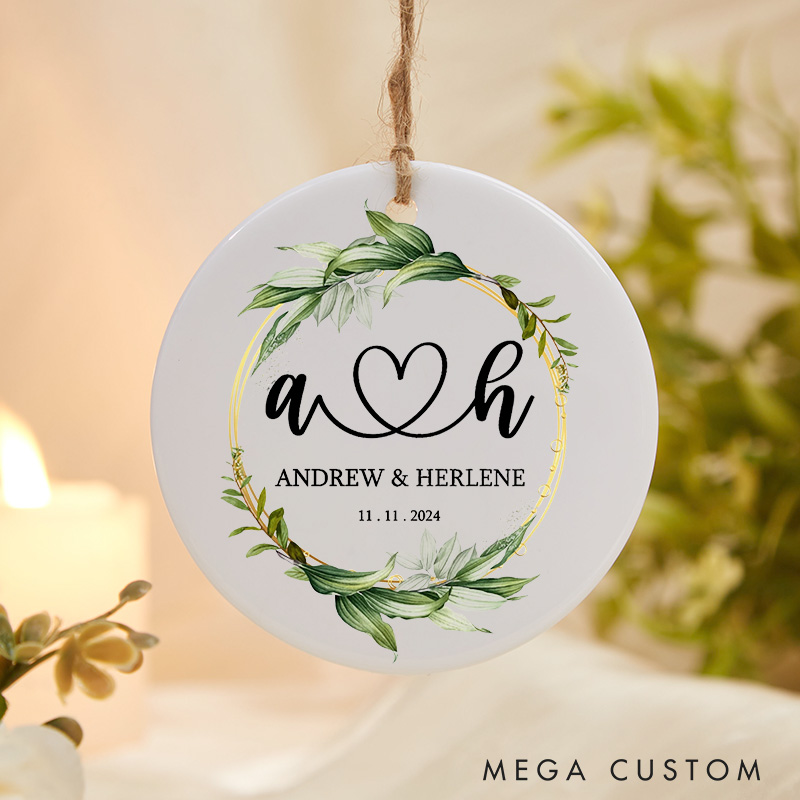 Personalised Greenery Wreath Wedding Ceramic Round Shape Ornament