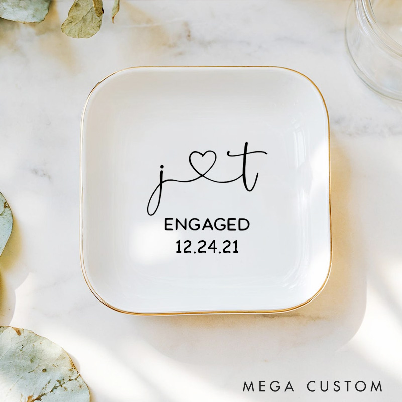 Personalized Heart-Connected Initials Engagement Monogram Engagement Gold-Trimmed Ring Dishes