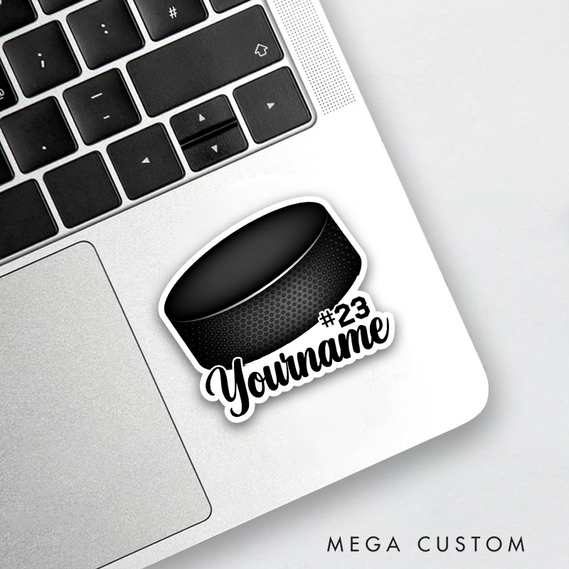 Personalized Ice Hockey Sticker Featuring Realistic Puck Design with Custom Name and Number
