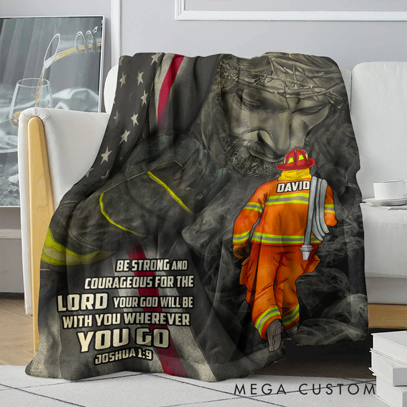 Personalized Firefighter Blanket Jesus and American Flag Blanket Gift for Fireman