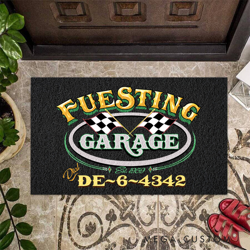 Personalized Checkered Flag Door Mat Custom Name Garage Welcome Mat for Racer and Racing Lovers