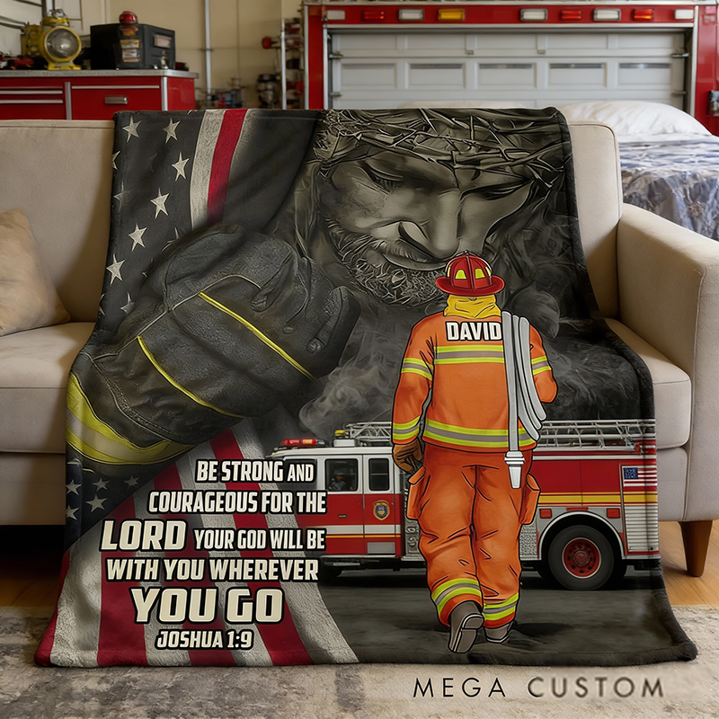 Personalized Firefighter Blanket Jesus and American Flag Blanket Gift for Fireman