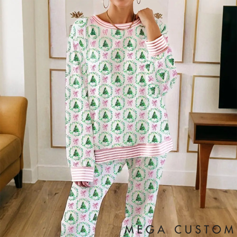 Personalized Christmas Trees and Bows Pajama Set for Mom and Daughter