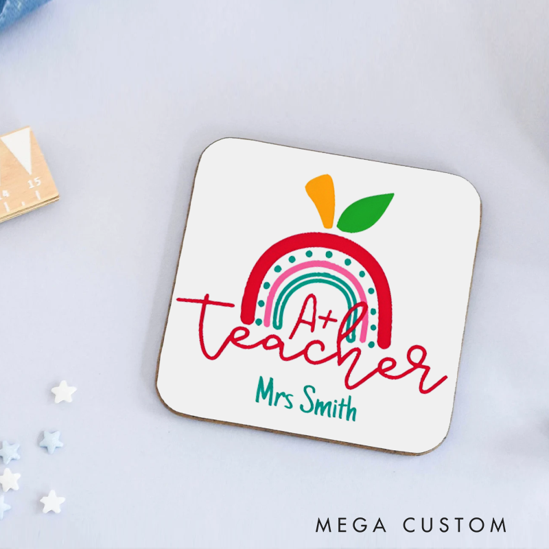 Personalized Coasters for Teachers Apple Rainbow Teacher Appreciation Gift for Teachers