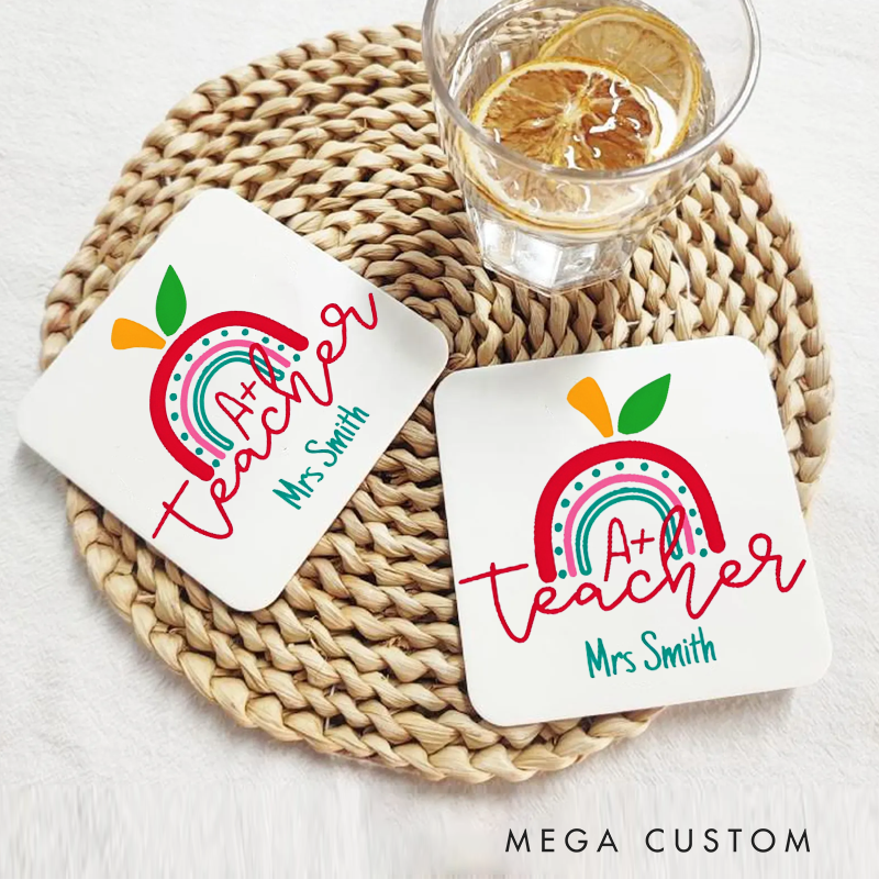 Personalized Coasters for Teachers Apple Rainbow Teacher Appreciation Gift for Teachers