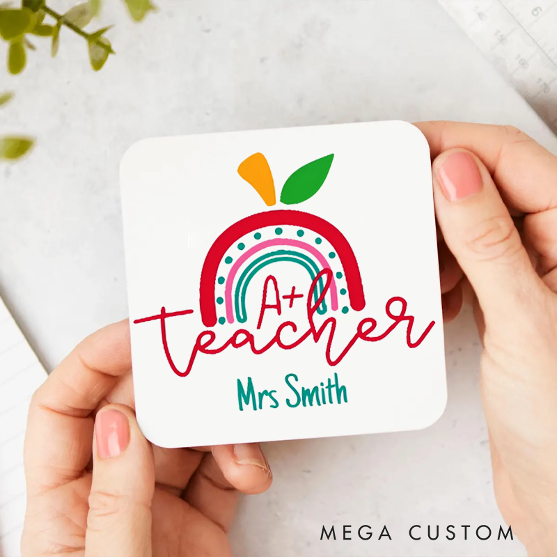 Personalized Coasters for Teachers Apple Rainbow Teacher Appreciation Gift for Teachers
