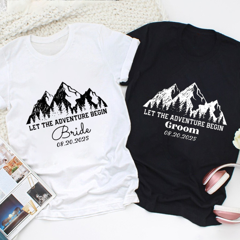 Personalized Rustic Line Mountains Let The Adventure Begin Bride and Groom Matching Wedding Couple Classic T-Shirt