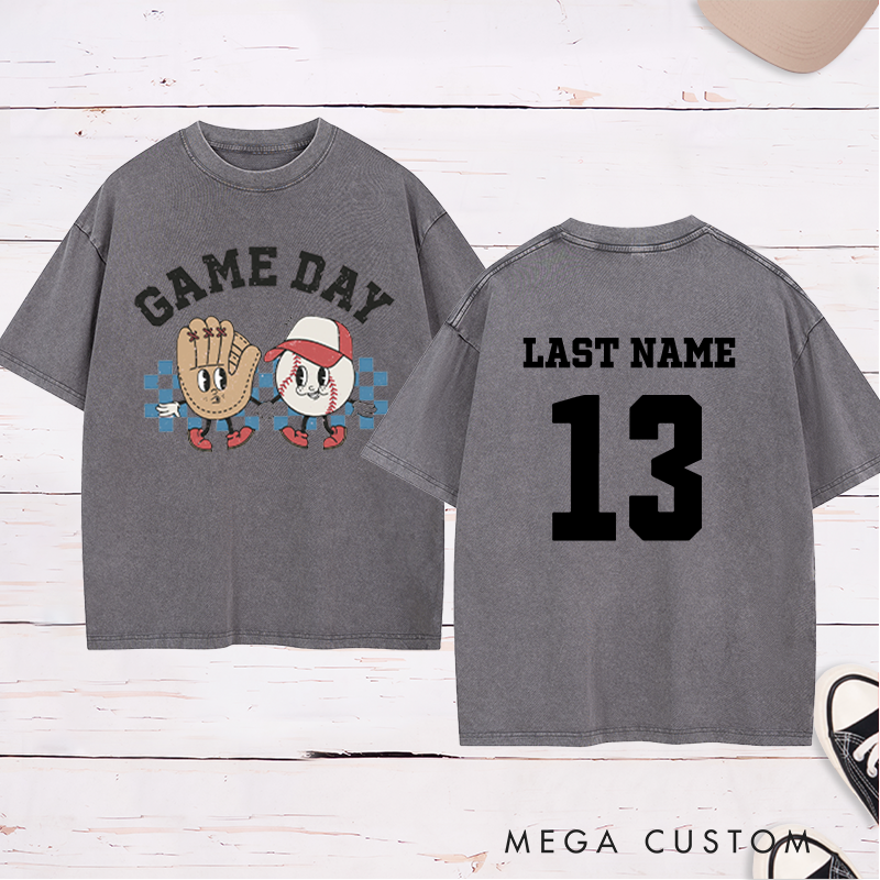 Personalized Cartoon Baseball Washed T-Shirt with Custom Name and Number   