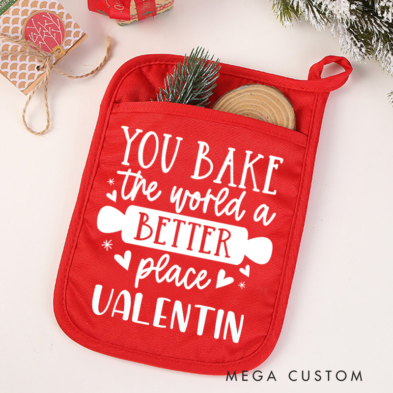 Personalized You Bake the World A Better Place Pot Holders Custom Rolling Pin Potholder with Name Baking Lover Gift for Baker Gift Christmas Gift