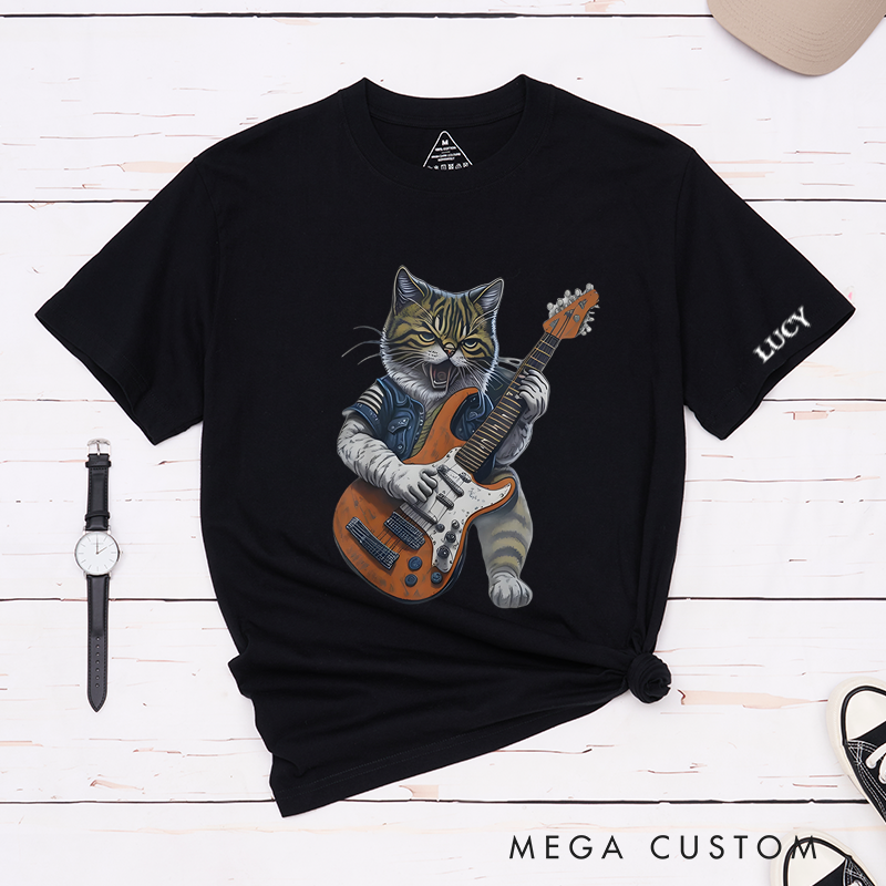Personalized Classic T-Shirts Rockstar Cat Graphic and Funny Feline Playing Electric Guitar Tee Cool Cat Lover Gift and Vintage Rock Music Pet Tee
