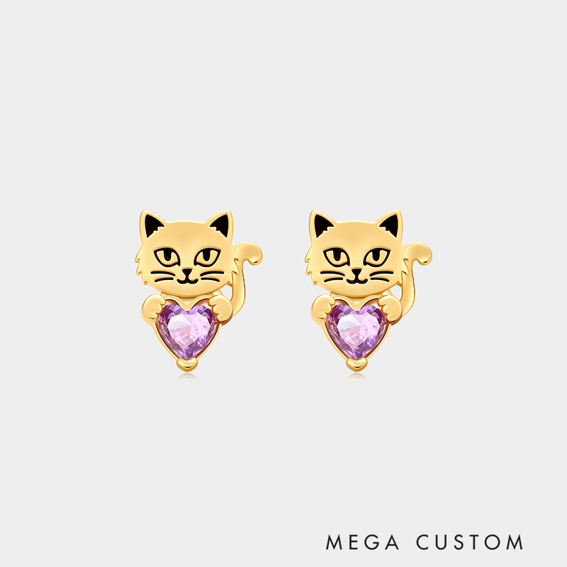 Personalized Heart-Shaped Birthstone Stud Earrings with Cat Motif Sterling Silver Jewelry Gift for Her