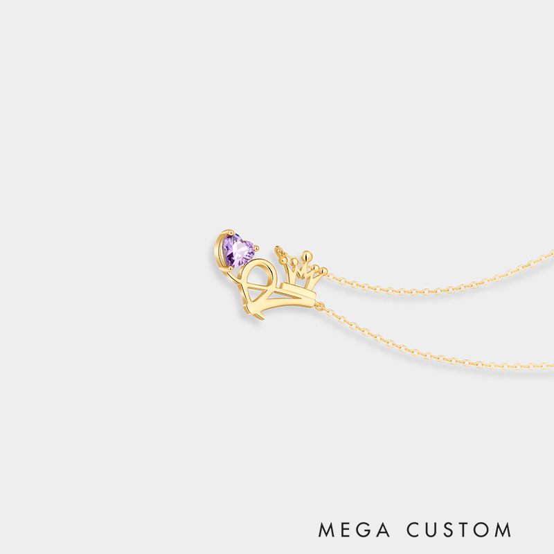 Personalized Sterling Silver Unique Shaped Initial Crown Birthstone Color Necklace