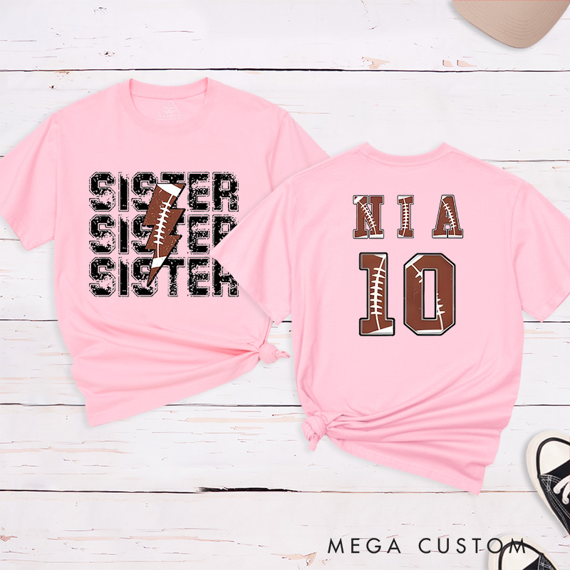 Personalized American Football and Rugby Sister T-Shirts with Custom Name and Number