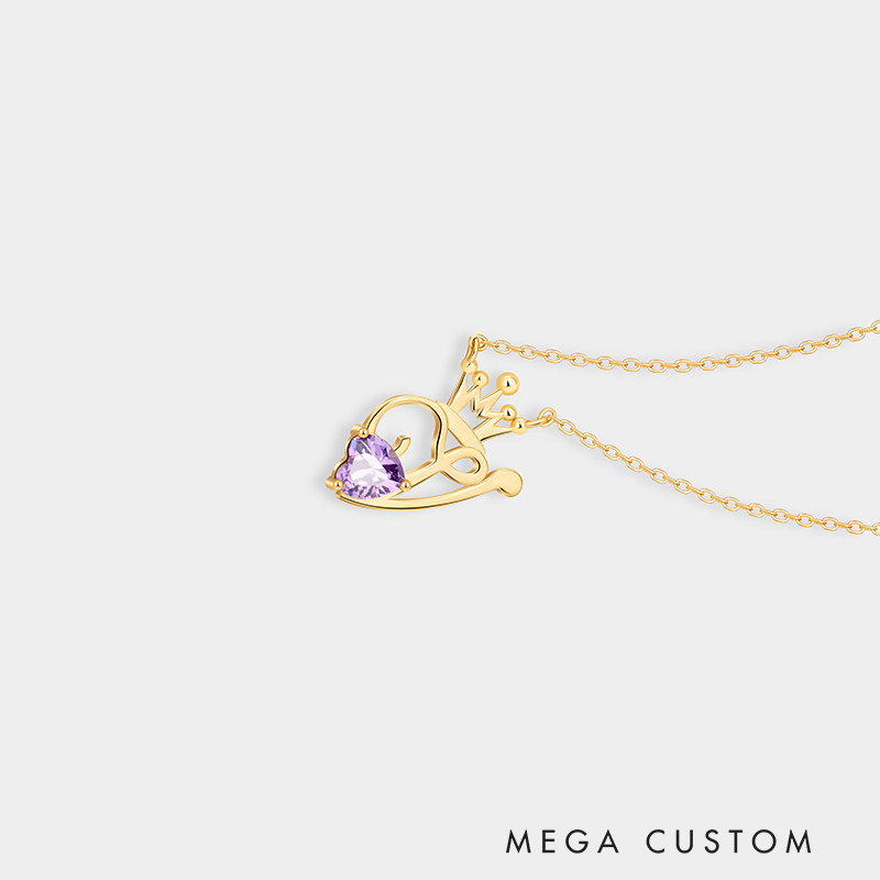 Personalized Sterling Silver Unique Shaped Initial Crown Birthstone Color Necklace