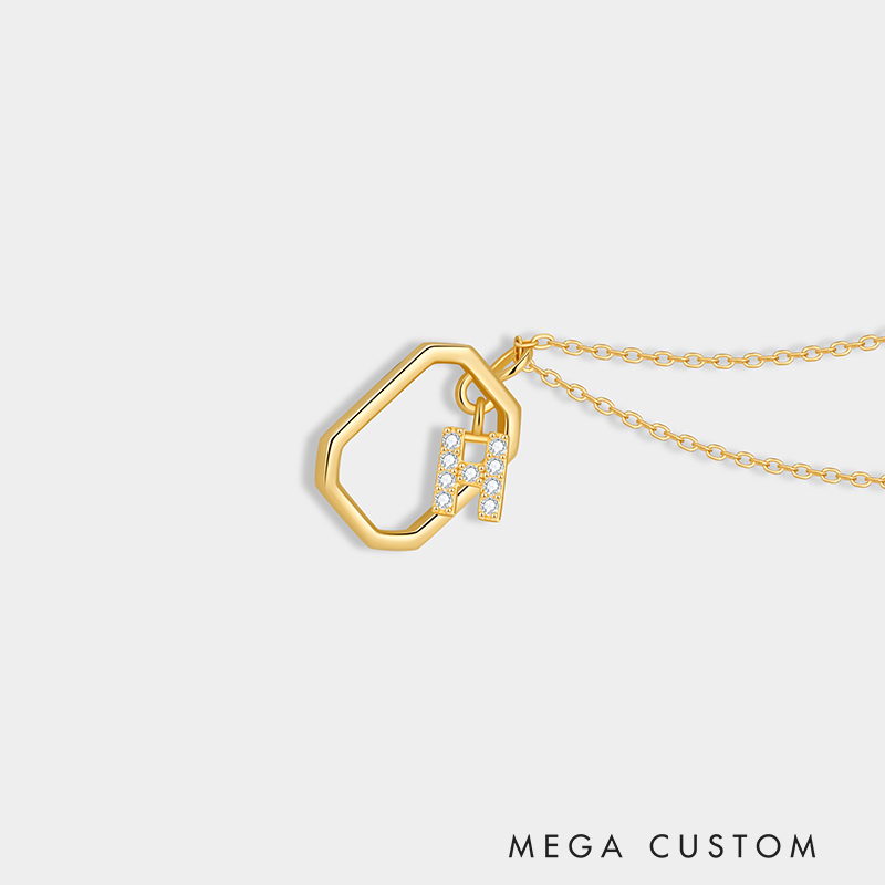 Personalized Sterling Silver 26 Letter Alphabet Octagon Framed Necklace with Custom Letter Choice