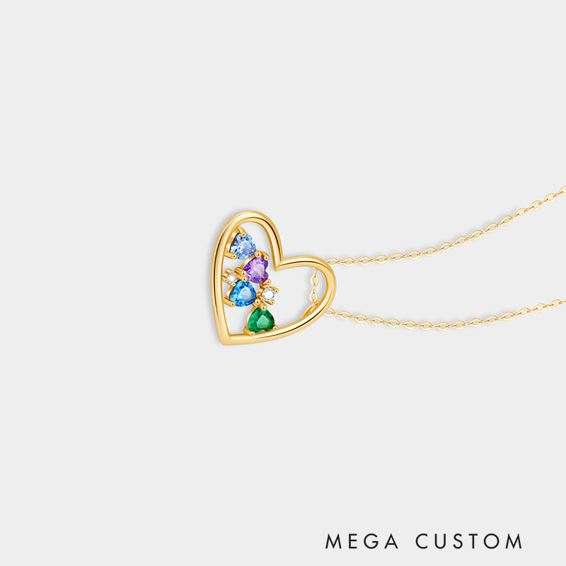 Personalized Sterling Silver Heart Holding Hearts Customizable Family Birthstone Colors and Counts Necklace