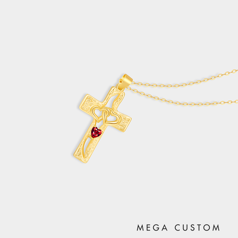 Personalized Sterling Silver Cross Interlocking Hearts Name and Birthstone Necklace