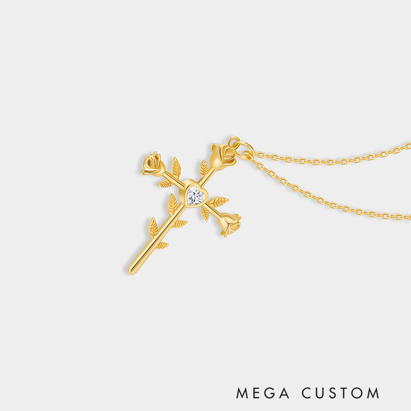 Personalized Sterling Silver Double Sided Cross with Rose Name and Birthstone Engraved Necklace
