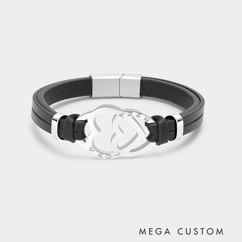 Personalized Stainless Steel Heart in Heart Leather Couple Bracelets with Custom Names for Lovers