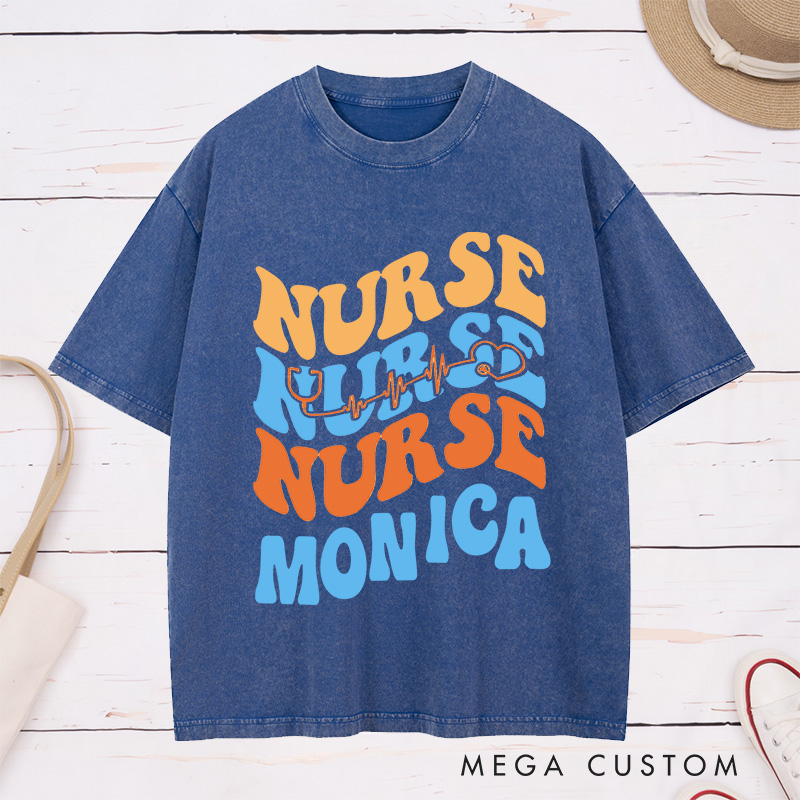 Personalized Nurse Washed T-Shirt Customized Heartbeat Nurse Design Washed T-Shirt 