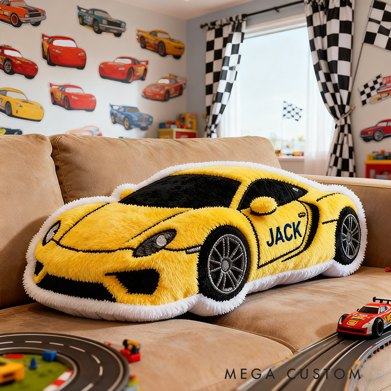 Personalized Yellow Racing Car Pillow with Custom Name 3D Graphic Print Unique Cushion Gifts
