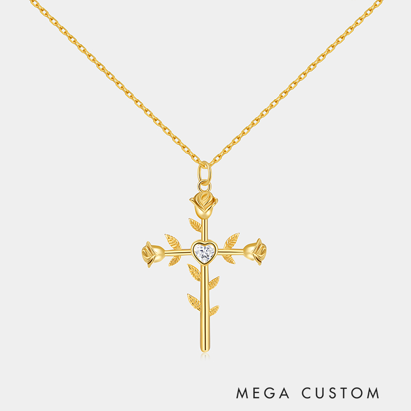 Personalized Sterling Silver Double Sided Cross with Rose Name and Birthstone Engraved Necklace