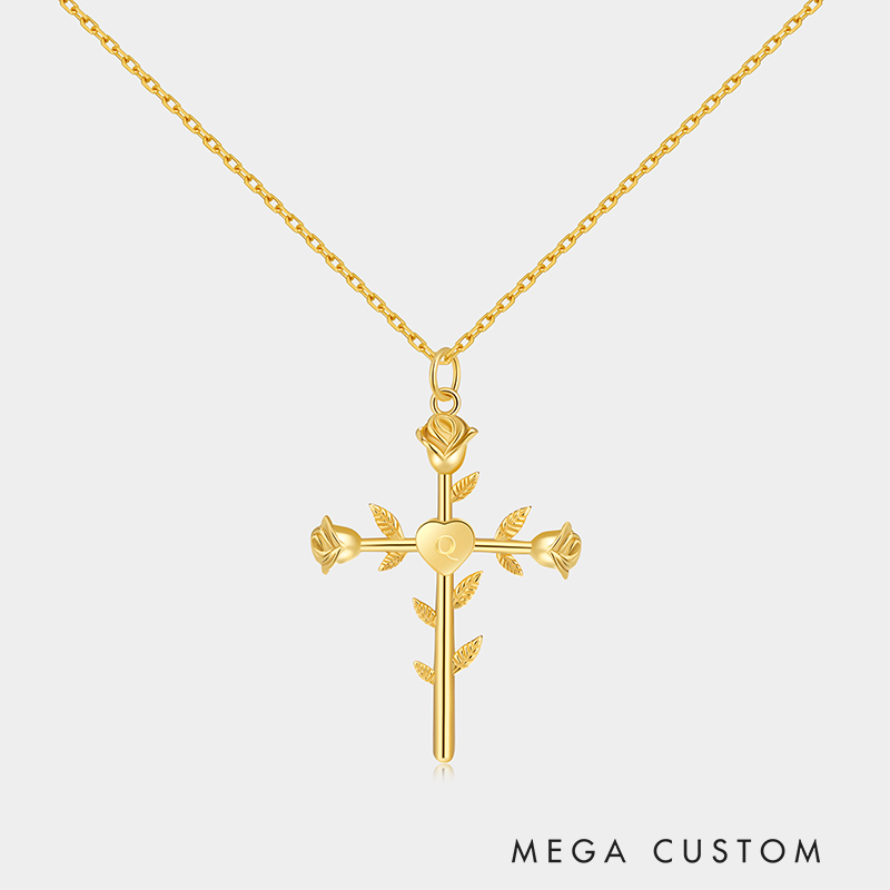 Personalized Sterling Silver Double Sided Cross with Rose Name and Birthstone Engraved Necklace